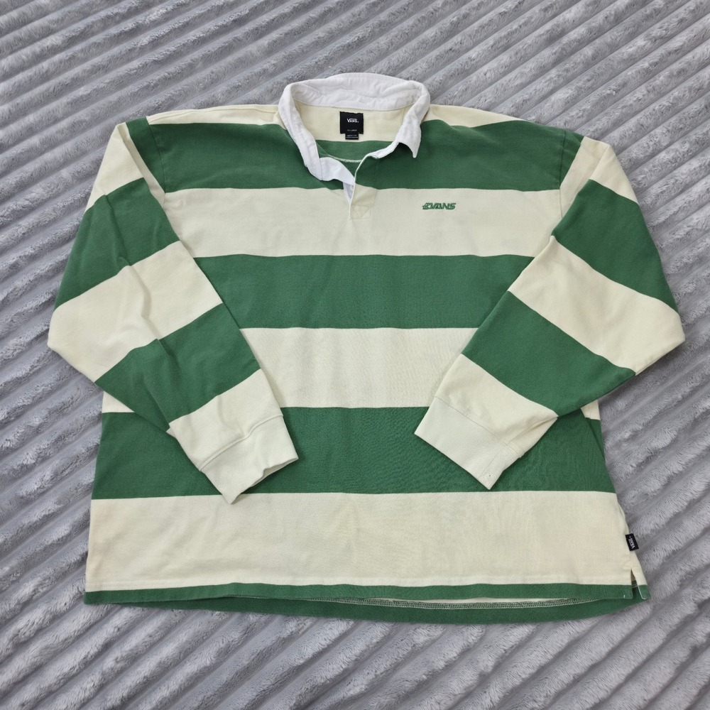 Vans Mens XXL Loose Fit Rugby Shirt Green Cream Striped Long Sleeve VN000KU8E4T
